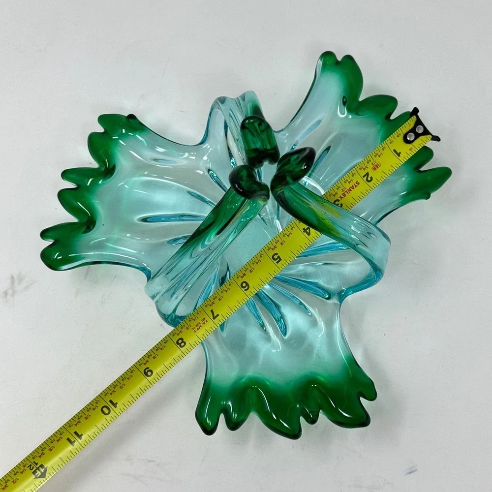Vintage Murano Style Art Glass Basket Aqua Blue Emerald Green Hand Blown MCM 11